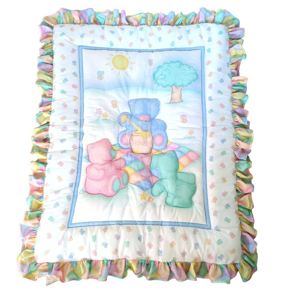 Vintage Carter's Teddy Bear Picnic Baby Quilt Blanket Pastel Ruffle 90s Nursery